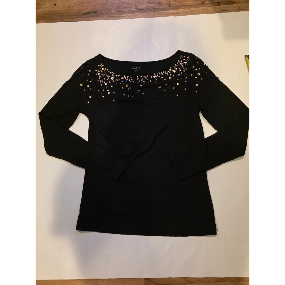 Ann Taylor LOFT Black Sequin Embellished Boat Neck Long Sleeve Top M Holiday